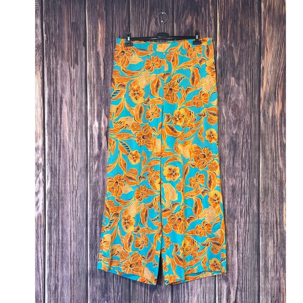 Bar III Pants Womens 16W Turquoise Orange Floral Wide Leg Tropical High Rise